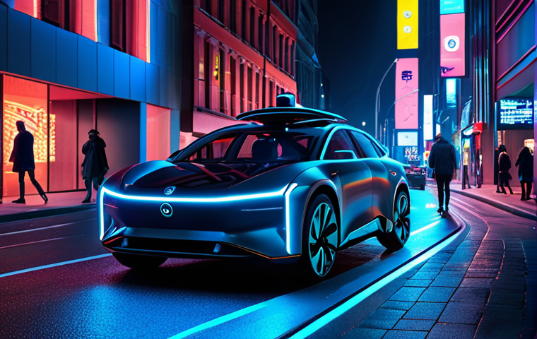 **

A futuristic autonomous vehicle driving on a city street at night, illuminated by neon lights. Focus on the vehicle's advanced sensor technology (LiDAR, cameras) and its sleek, modern design. Emphasize the theme of cybersecurity with subtle visual cues like encrypted data streams overlaid on the image. A concerned pedestrian watches the car, reflecting public apprehension.

**